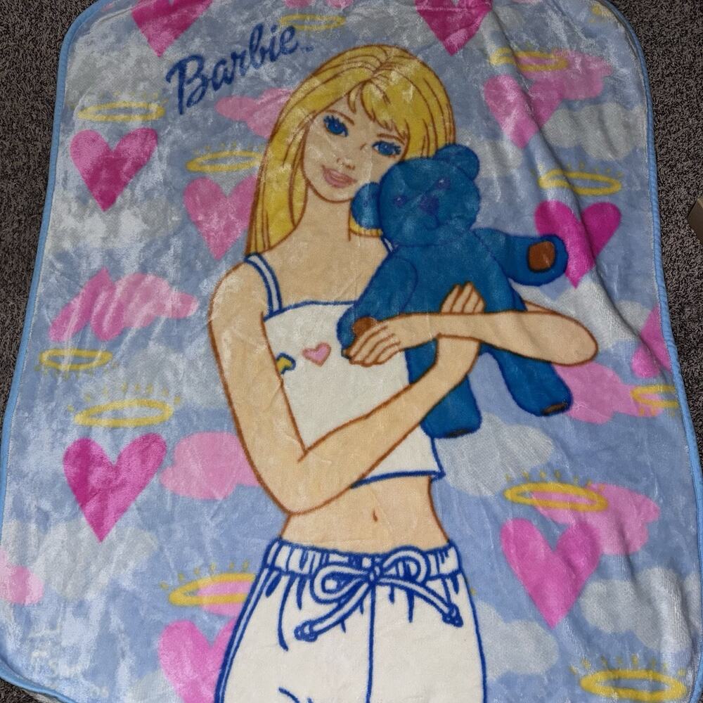 Barbie Vintage Y2K Fleece Blanket San Marcos Mattel 2000 Pink Blue Bear Blanket
